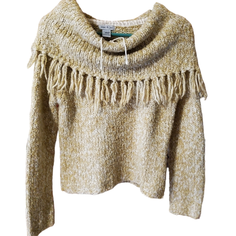 mac & jac Boho Shawl Collared Fringe Sweater